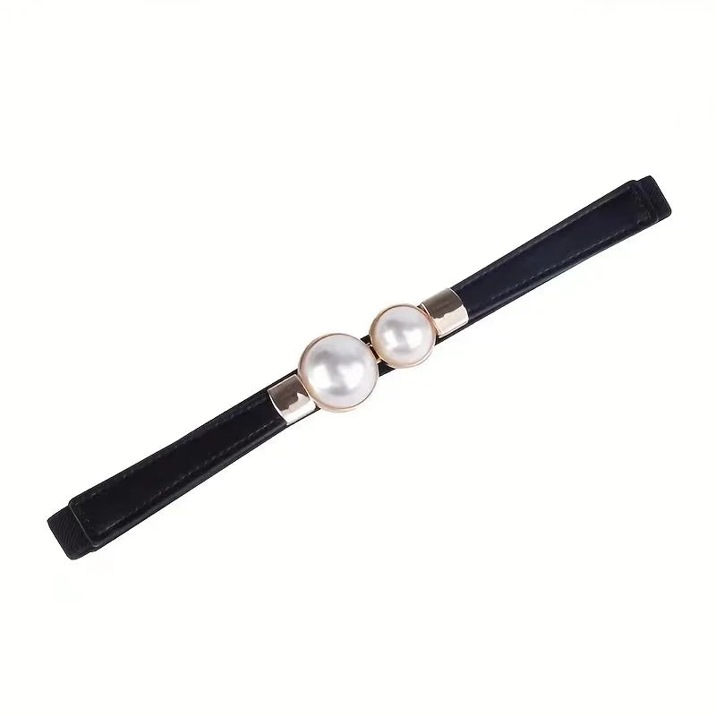 Elegant Double Pearl Buckle Elastic Belt – Thin Strap Waistband for Dresses & Skirts
