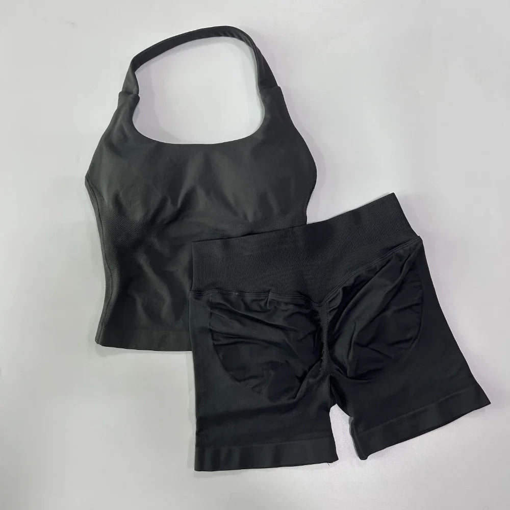 Women’s 2-Piece Yoga & Gym Set – Backless Halter Top & High-Waist Seamless Shorts