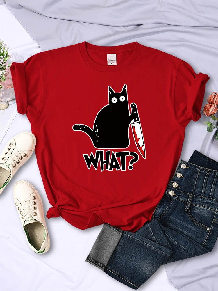 Black Cat Knife Tee – Women’s Short Sleeve Summer Streetwear