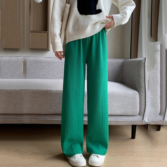 Casual Fleece Lined Wide Leg Pants Women High Waist Warm Winter Trousers Solid Color Loose Straight Pocket Pants