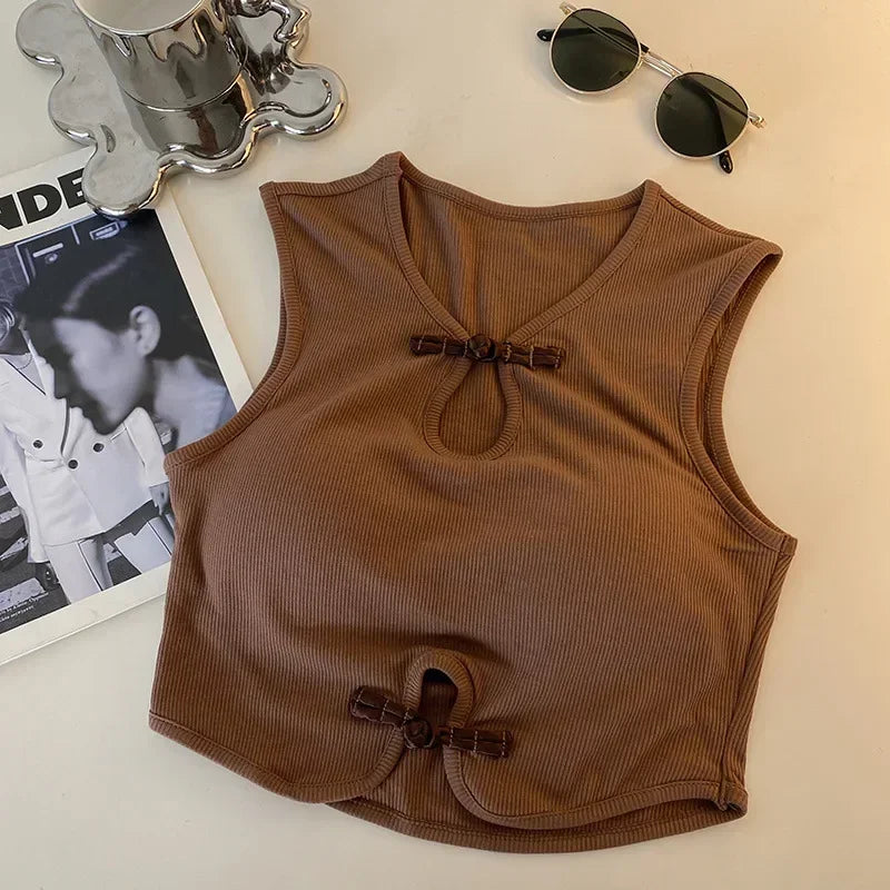 Vintage Halter Camisole for Women – Sleeveless Button Crop Top with Built-In Bra.