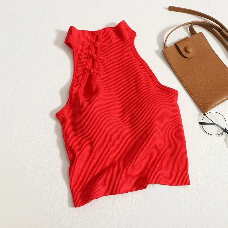Vintage Halter Camisole for Women – Sleeveless Button Crop Top with Built-In Bra.
