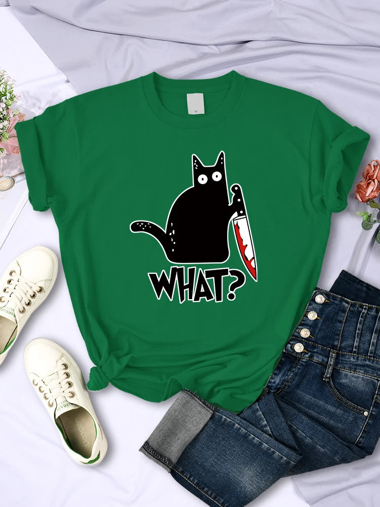 Black Cat Knife Tee – Women’s Short Sleeve Summer Streetwear