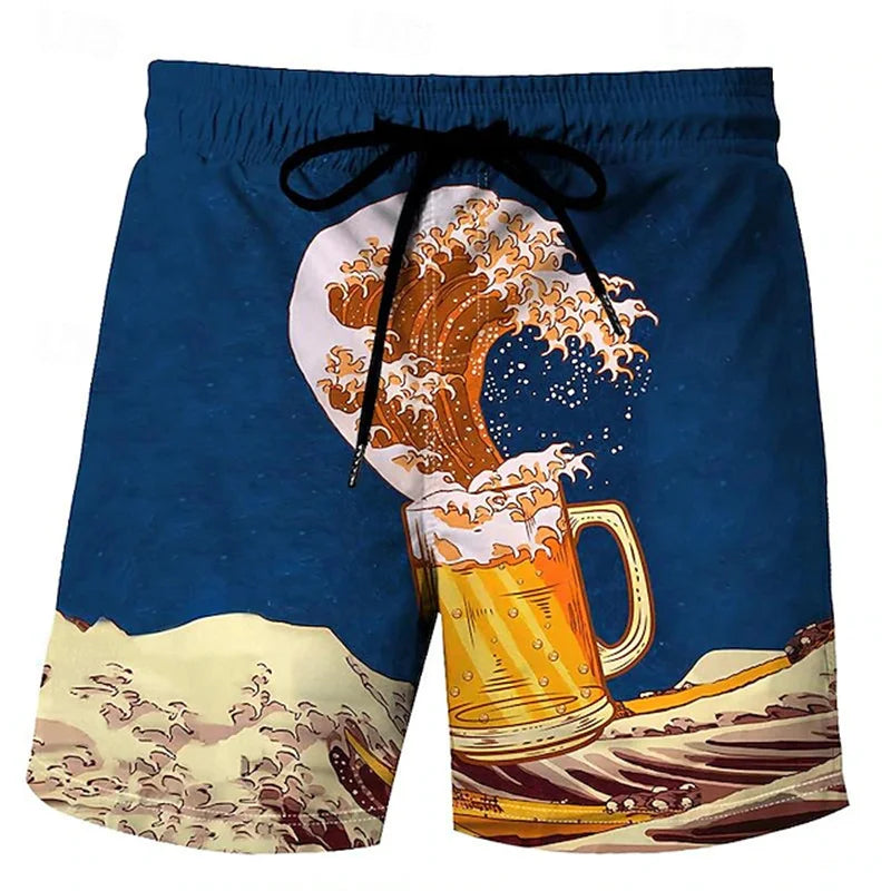 Men's 3D Beer Print Beach Shorts – Casual Swim Trunks for Vacation & Parties
