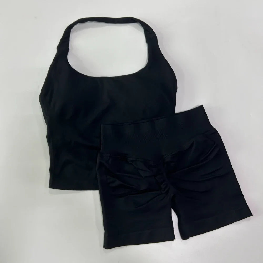 Women’s 2-Piece Yoga & Gym Set – Backless Halter Top & High-Waist Seamless Shorts