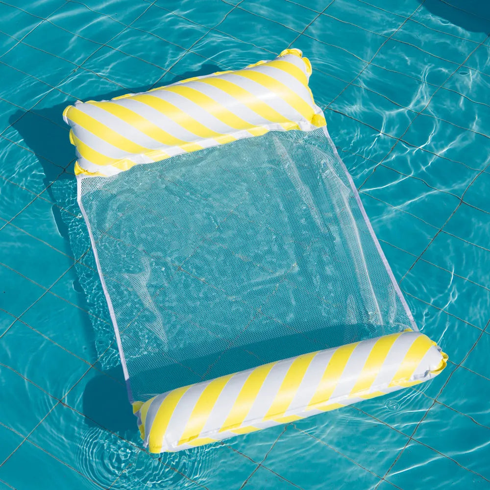 Foldable Inflatable Lounge Chair – Striped Pool & Beach Float with Net Backrest
