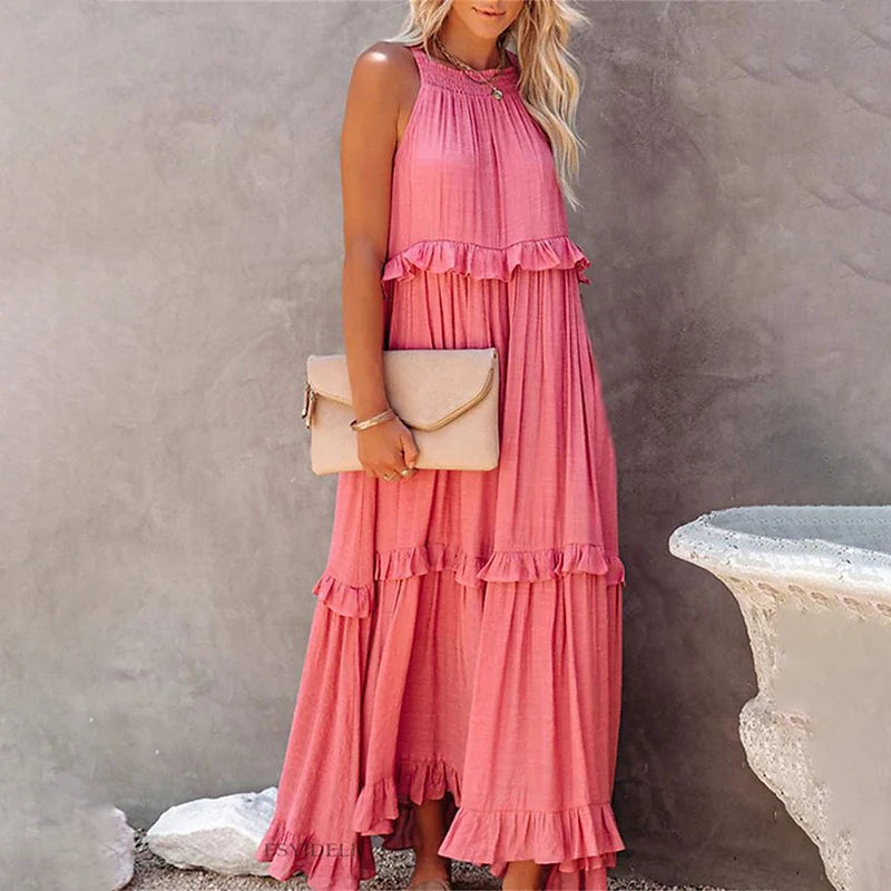 Women’s Casual Solid Ruffle Maxi Dress – Sleeveless Summer Beach Sundress, Elegant Party Vestido