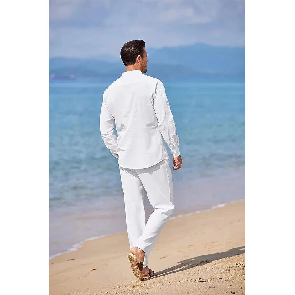 Men's Cotton Linen 2-Piece Set – Casual Beach Shirt & Pants