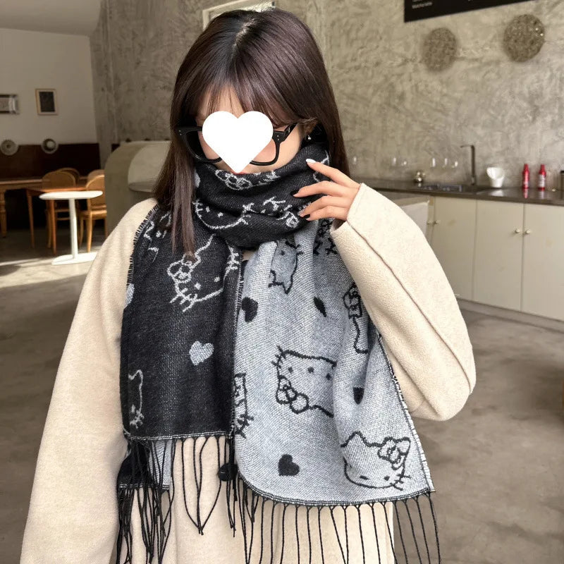 Hello Kitty Scarf Cute Anime KT Women Accessories Winter Black Grey Double Sided Versatile Simple Decoration Girl Gift Wholesale