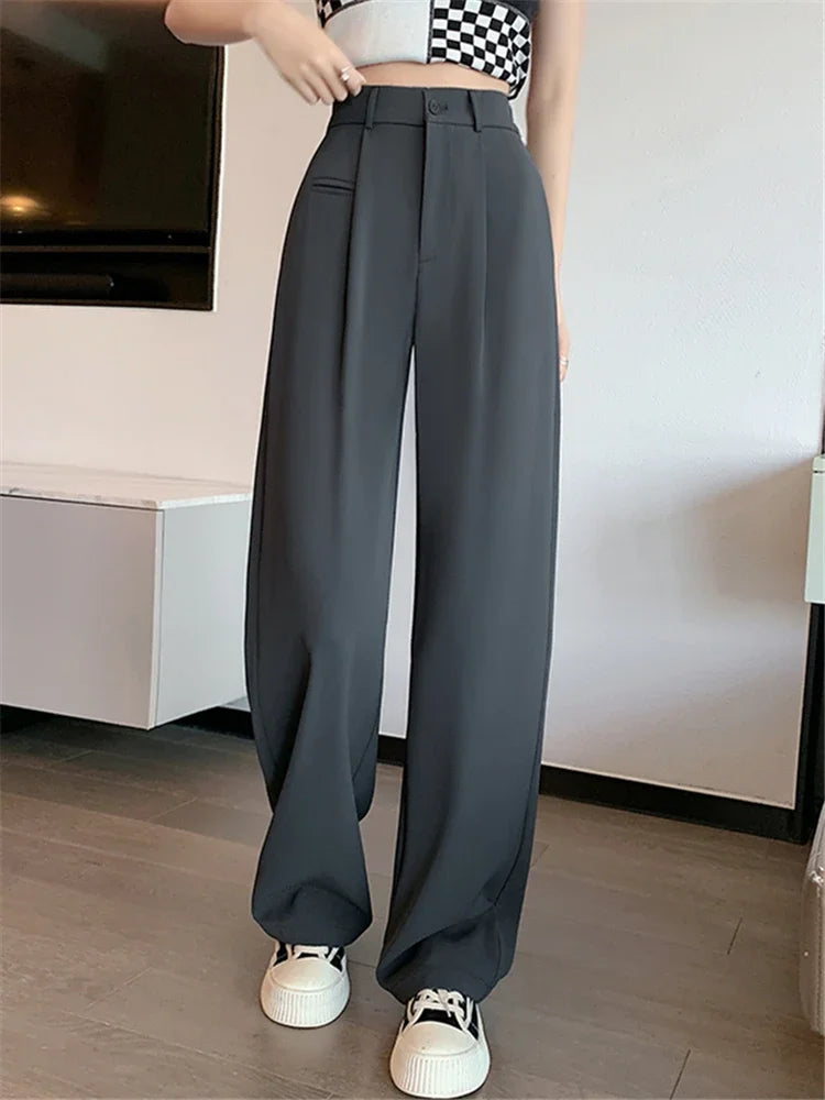 2024 Spring Summer Women’s High Waist Wide Leg Pants – Elegant Minimalist Straight Loose Trousers with Button Detail