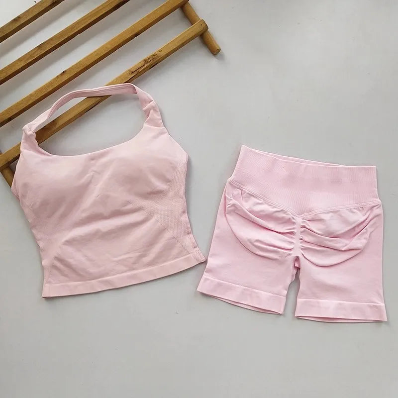 Women’s 2-Piece Yoga & Gym Set – Backless Halter Top & High-Waist Seamless Shorts