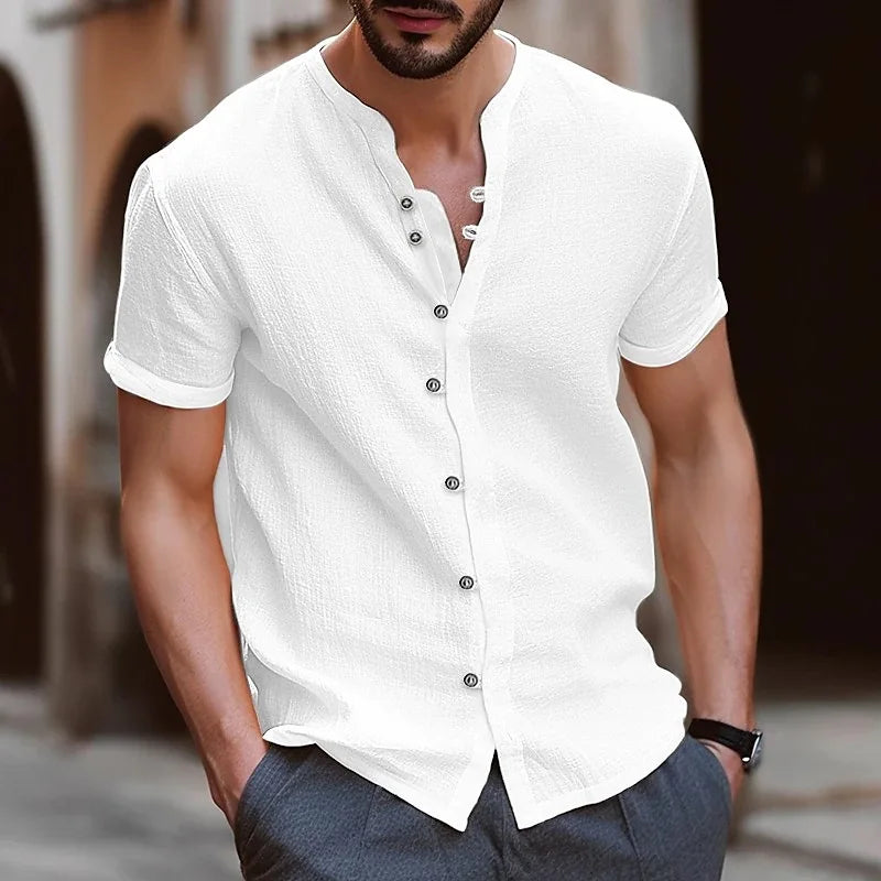 Men's Collarless Polo Shirt — Casual Beach Style Short Sleeve Top