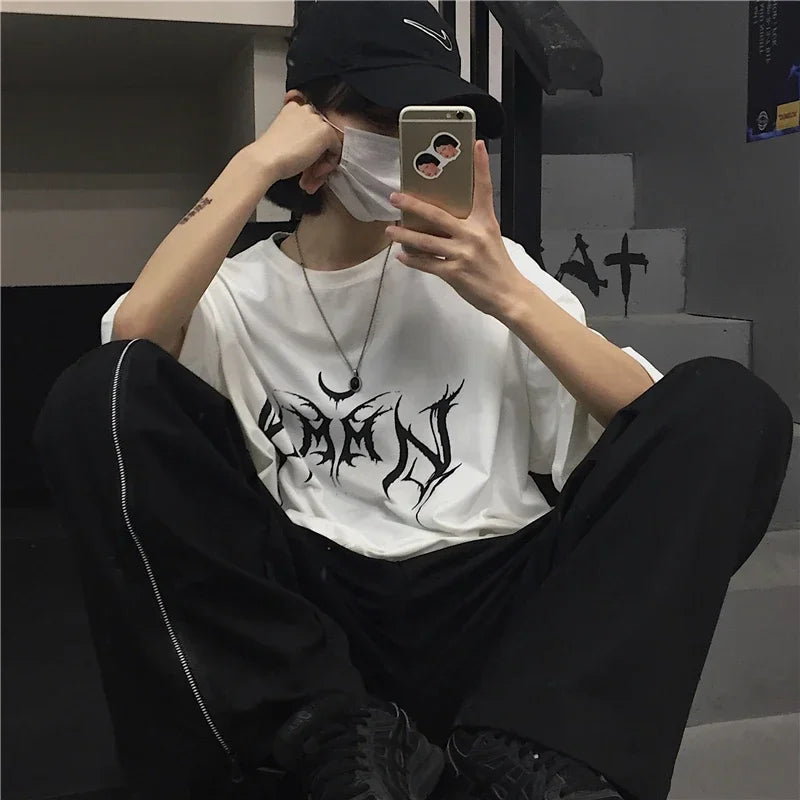 Women’s Punk Letter Print Tee – Loose Hip-Hop Graphic T-Shirt