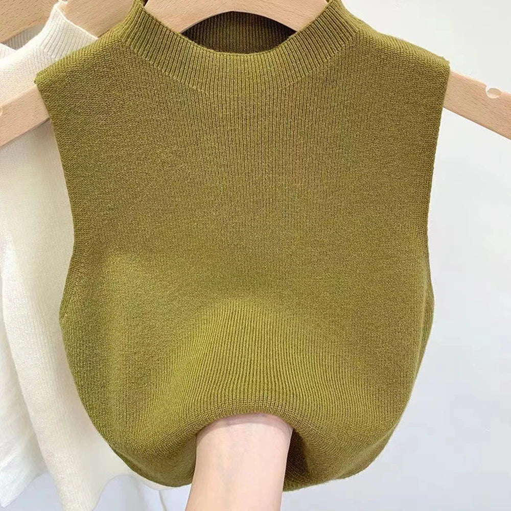 Women’s Knitted Sleeveless Tank Top – Solid Color, Cropped, Half-Turtleneck