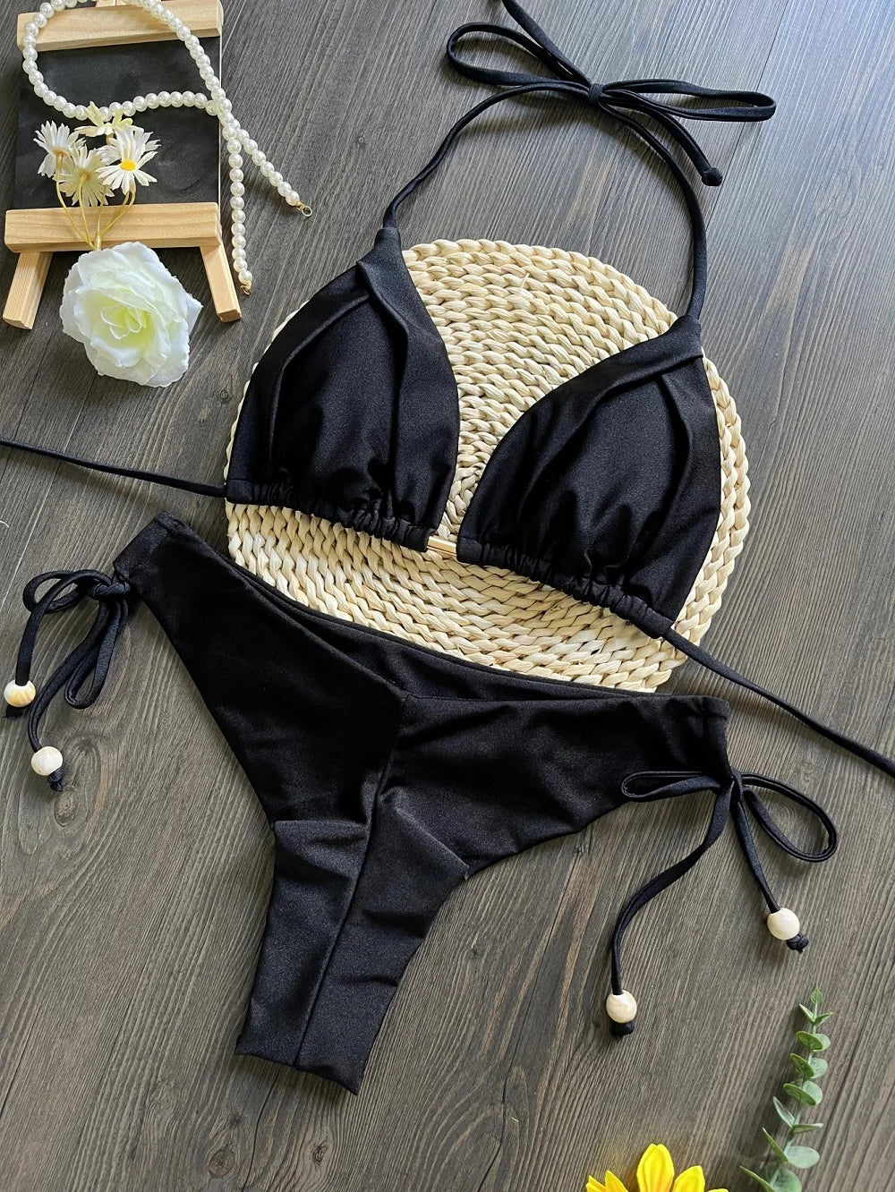 2025 Sexy Triangle Bikini Set – Halter Push-Up Swimwear with Chain