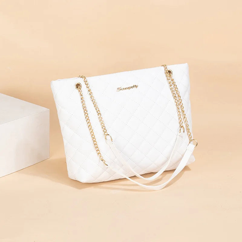 Rhombic Mini Tote – Embroidered, Chain Strap, Letter Detail, Stylish & Minimalist