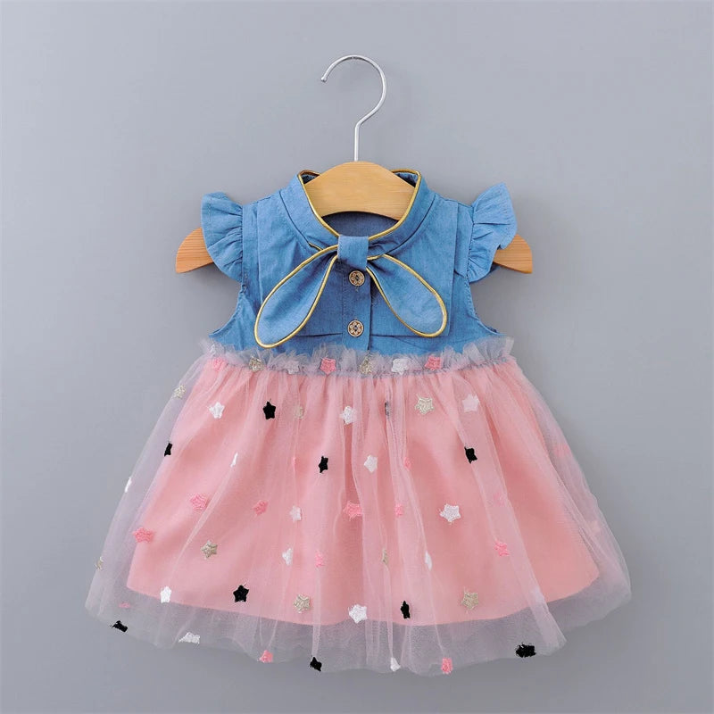 Baby Girl Summer Dress (0–4Y) – Tulle, Denim Cotton, Ruffle Sleeves – A458