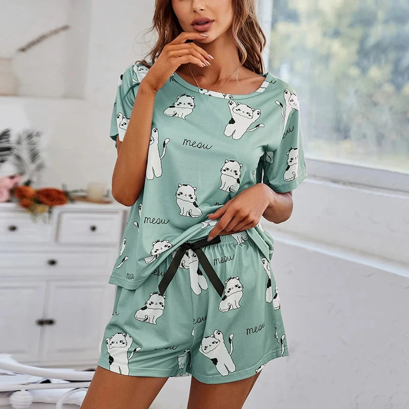 Women’s Pajama Set – Short Sleeve Top & Shorts with Cartoon Print