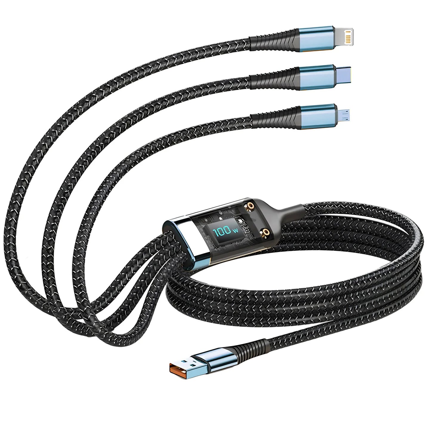 100W 3-in-1 Fast Charging Cable – Nylon Braided Multi USB Cord with Type-C & Micro Adapter