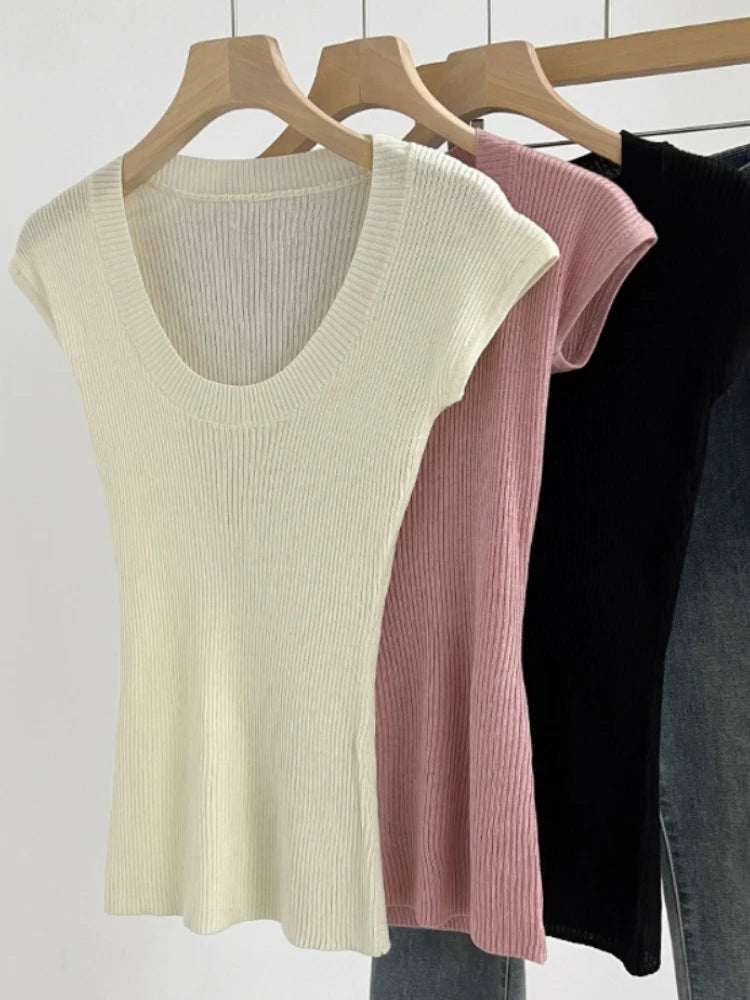 AOSSVIAO U-Neck Ribbed Knit Top – Slim Fit Summer Pullover