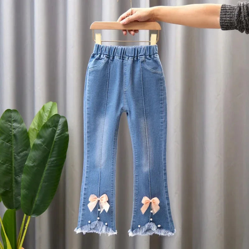Girls' Printed Bell-Bottom Jeans Fashionable elastic denim trousers for spring/autumn—casual and comfy.