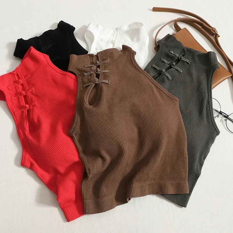 Vintage Halter Camisole for Women – Sleeveless Button Crop Top with Built-In Bra.