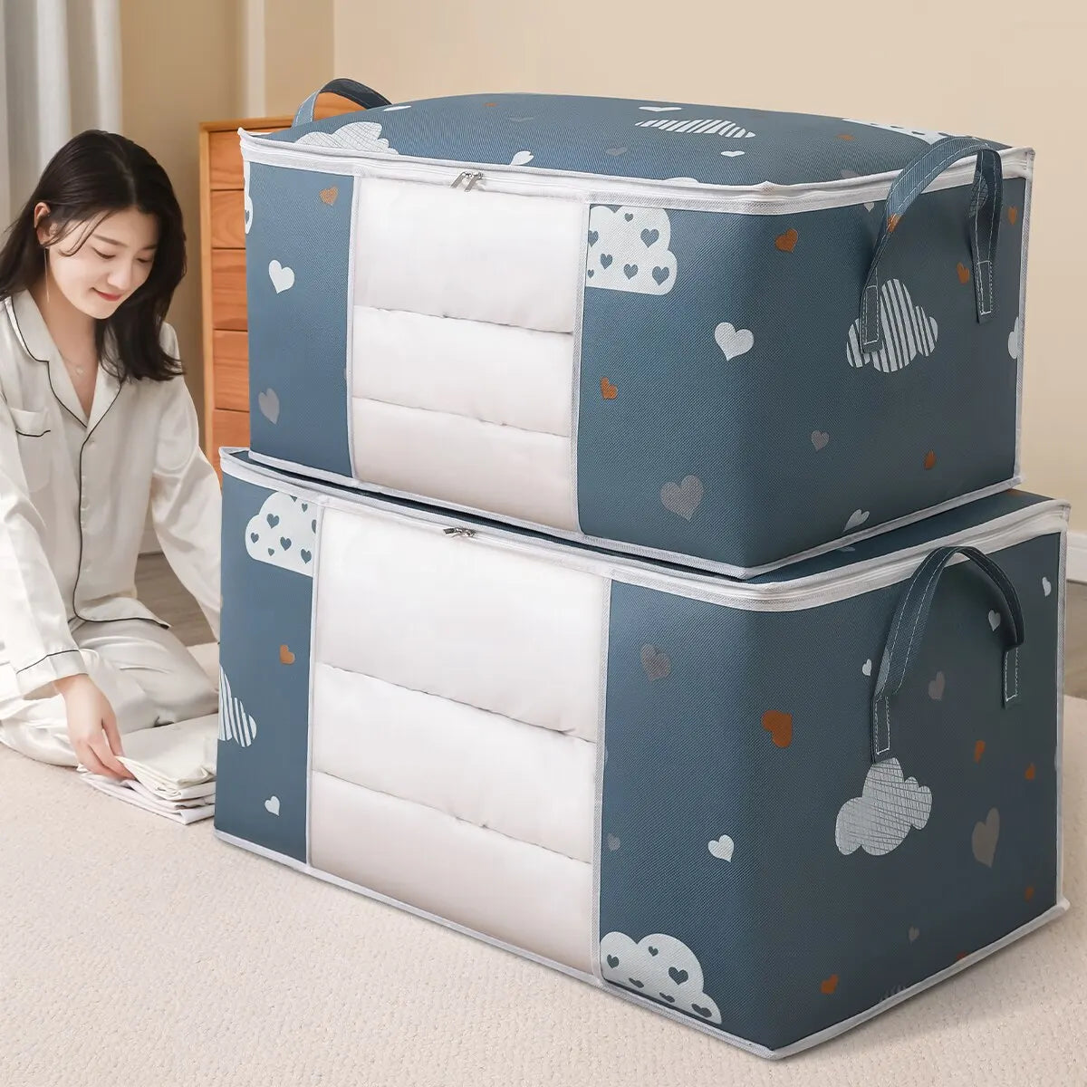 Large Capacity Clothes Storage Bag — Foldable Organizer with Reinforced Handles & Sturdy Zipper for Bedding and Blankets