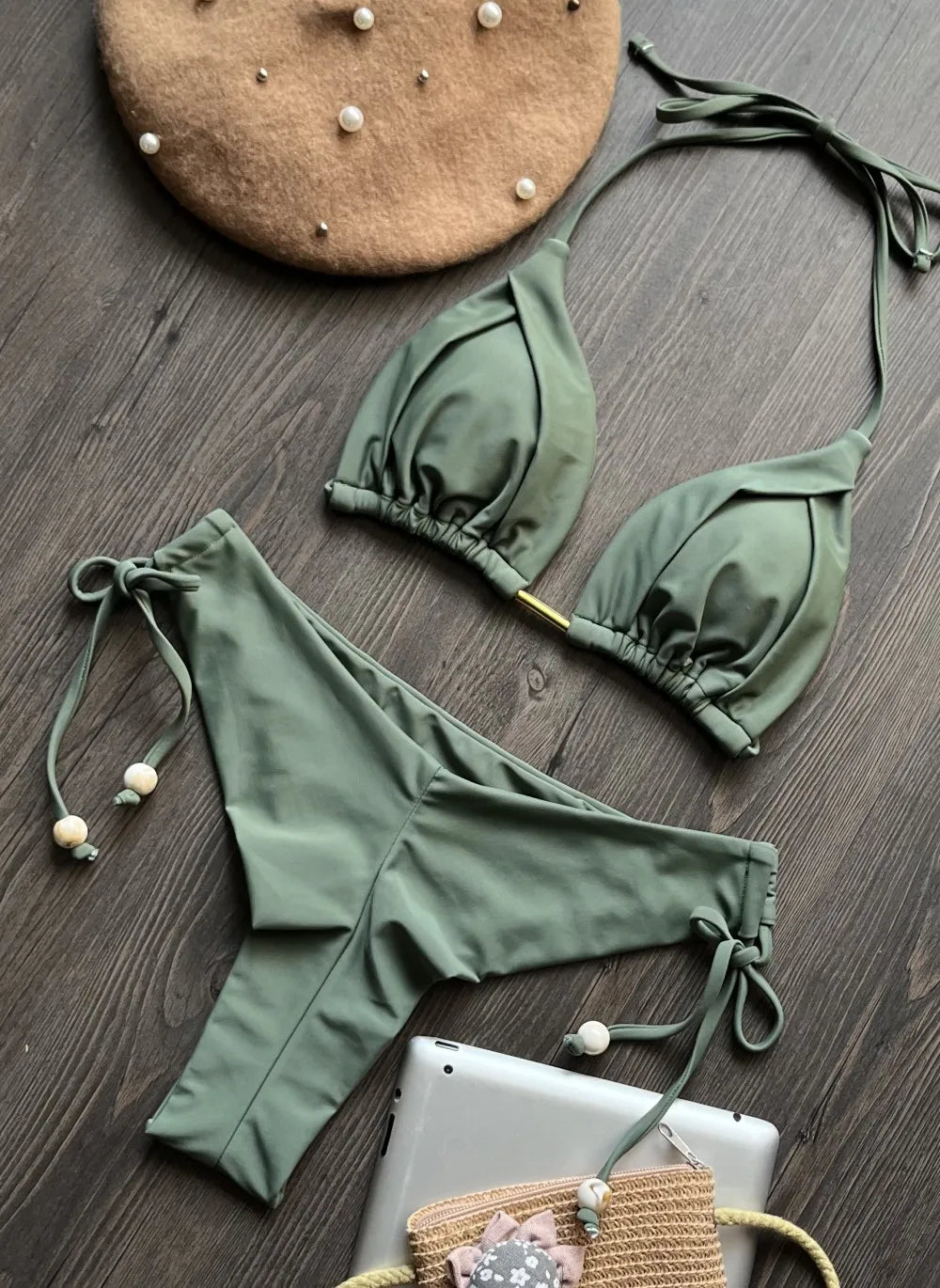 2025 Sexy Triangle Bikini Set – Halter Push-Up Swimwear with Chain