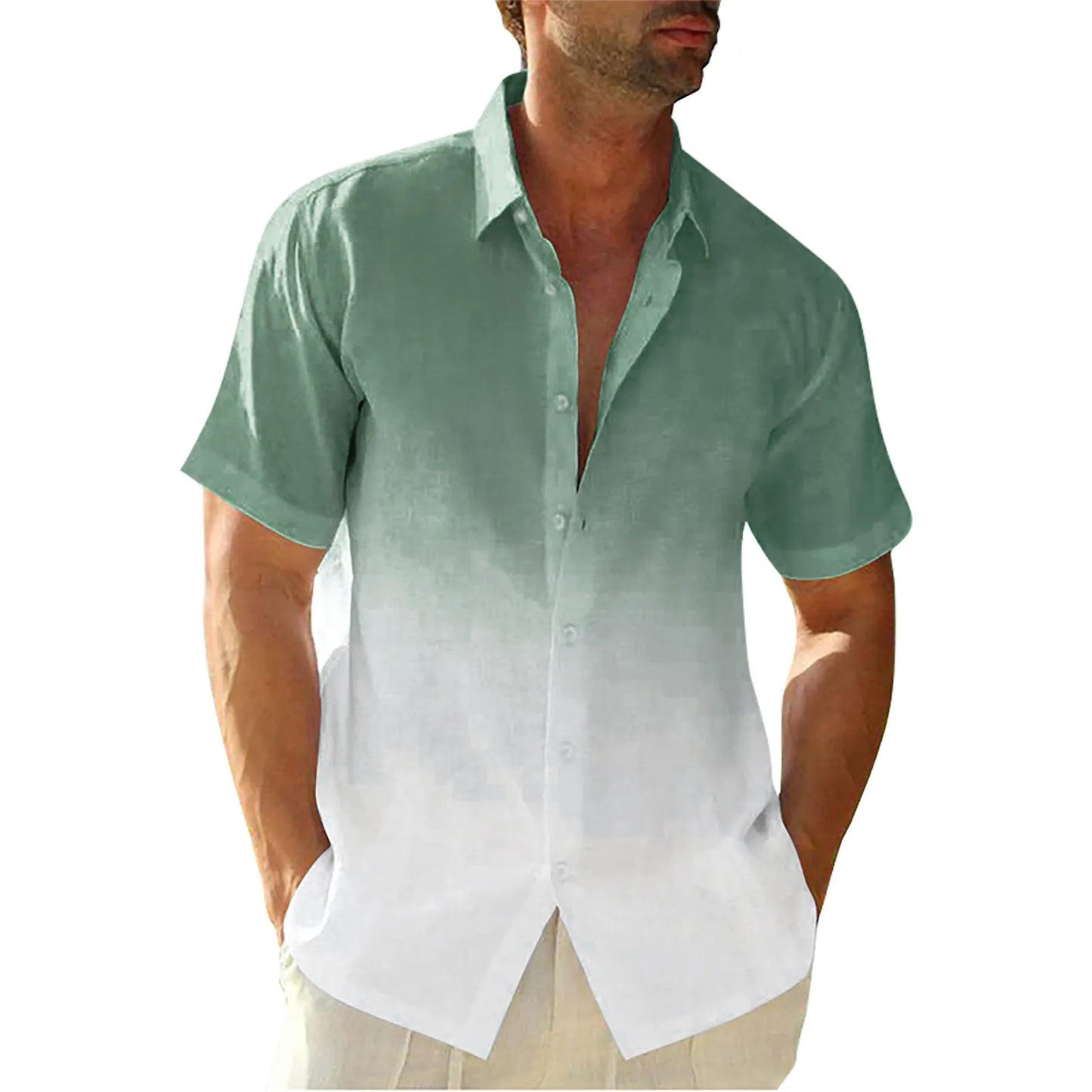 Men's Gradient Cotton Linen Button-Up Shirt — Casual Streetwear Cardigan