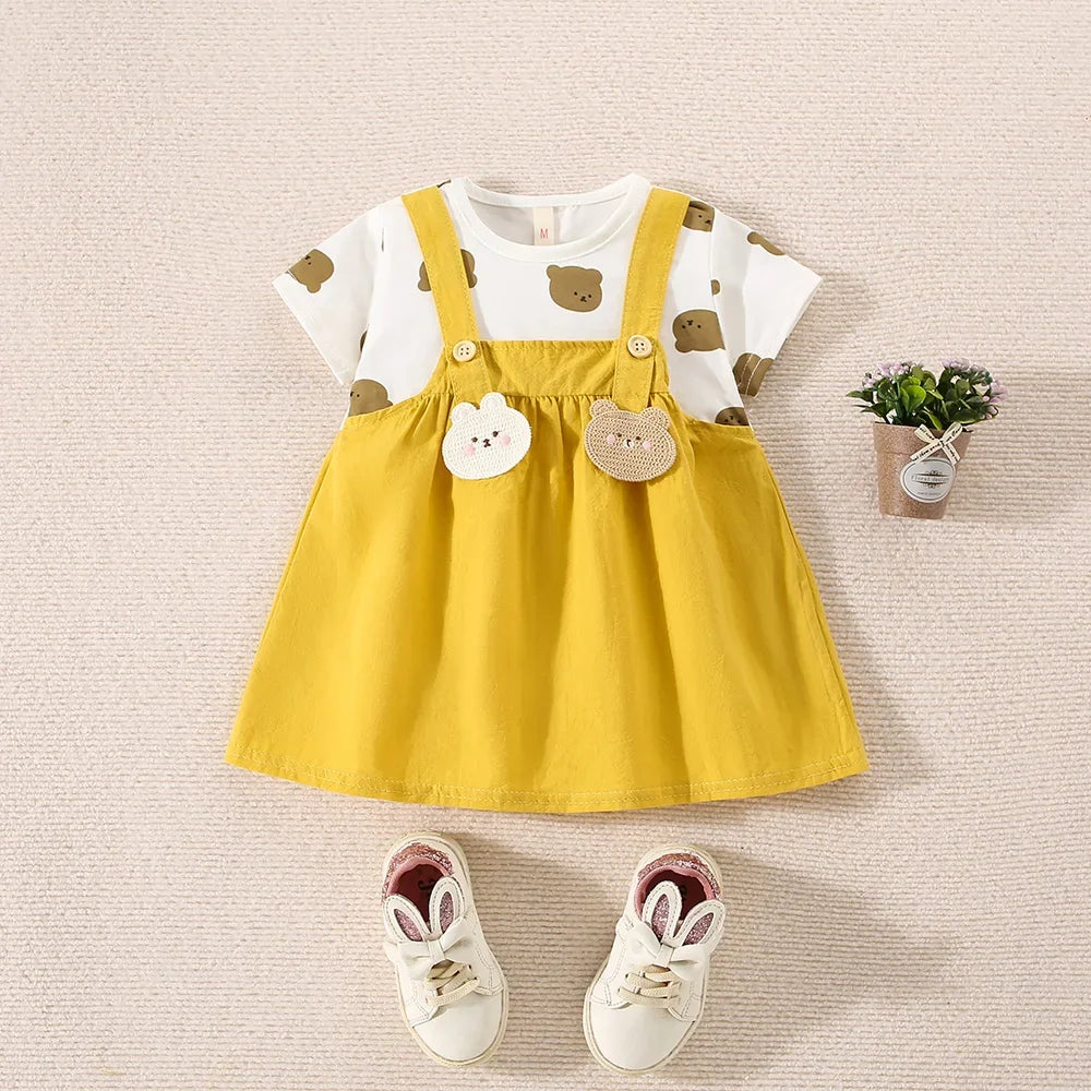 Baby Girl Teddy Bear Print Fake Two-Piece Summer Dress.