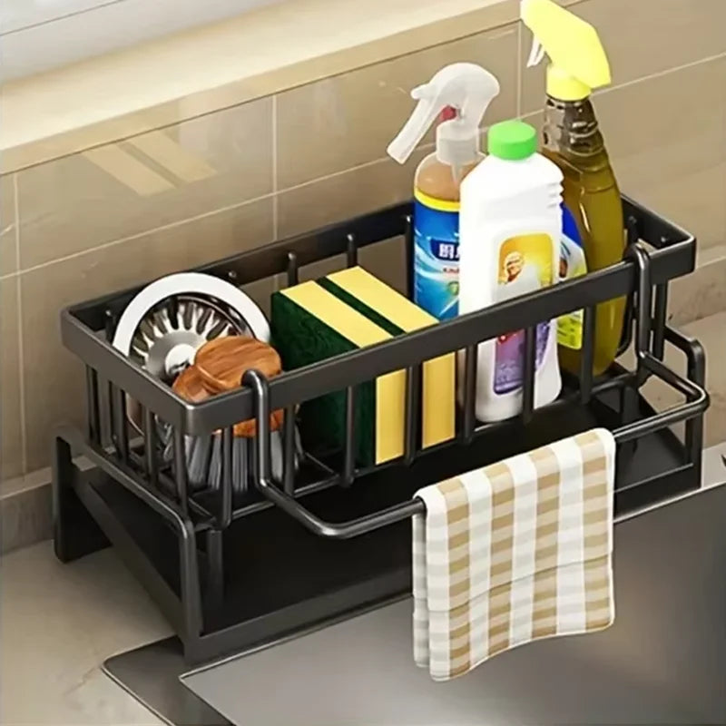 Kitchen Sink Storage Rack – No-Punch, Drainage Shelf for Rags, Sponges & Spices