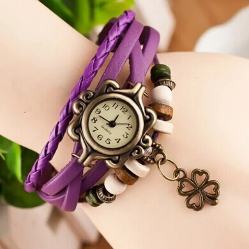 Vintage Leather Bracelet Watch – Butterfly & Clover Pendant