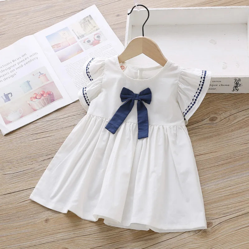 Girls’ Flying Sleeve Cotton Princess Dress with Big Bow