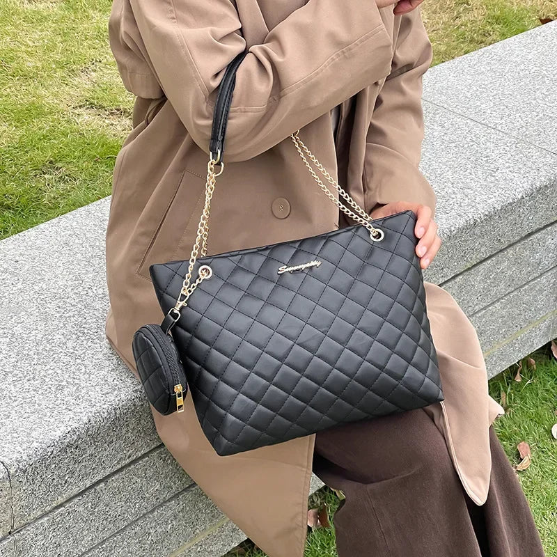 Rhombic Mini Tote – Embroidered, Chain Strap, Letter Detail, Stylish & Minimalist