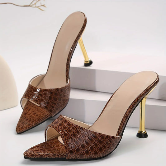 Glam Crocodile-Texture Stiletto Sandals – Chic Slip-On High Heels with Pointed Peep Toe for Parties & Banquets