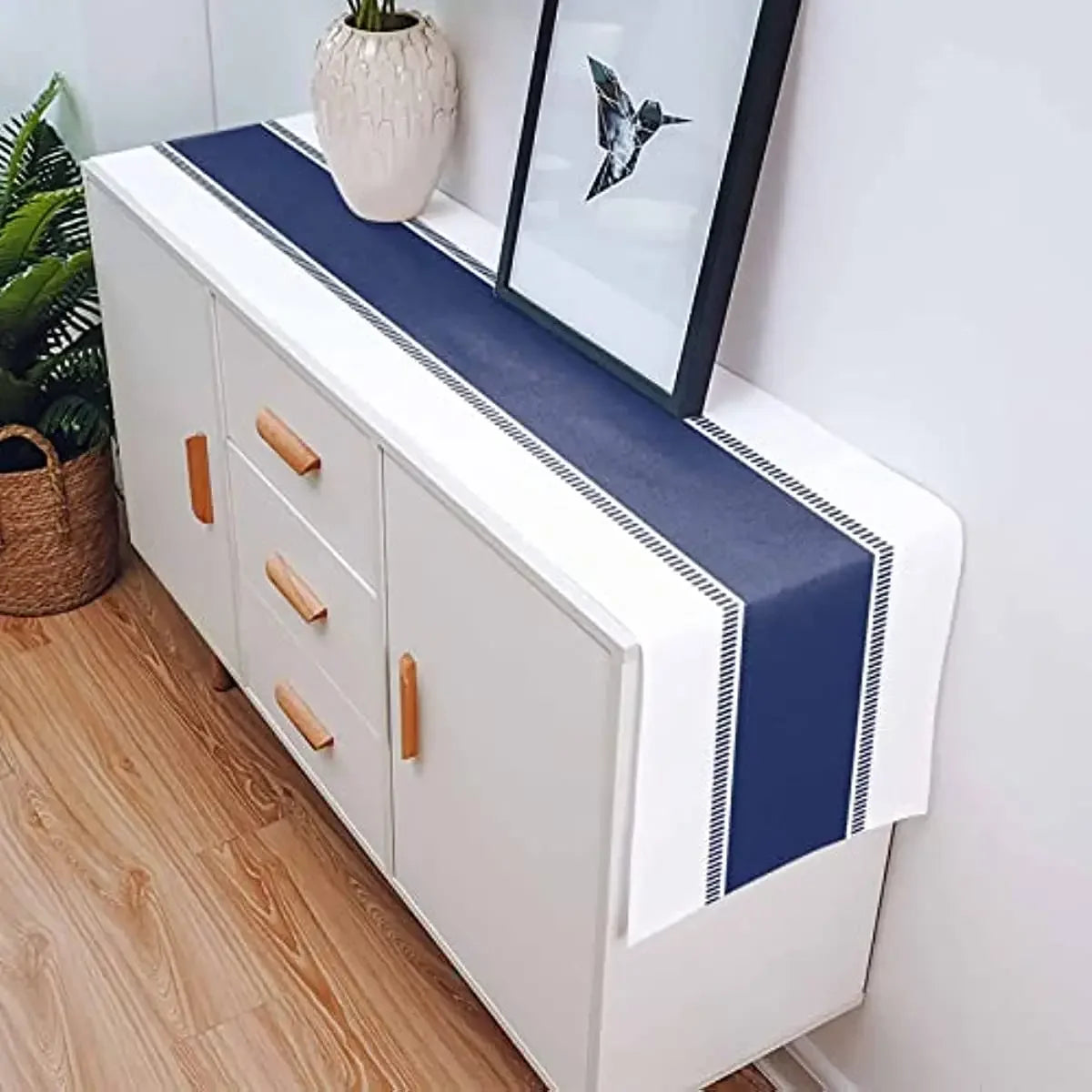 Navy Blue Striped Linen Table Runner – Farmhouse Washable Dresser Scarf for Dining, Wedding & Home Decoration