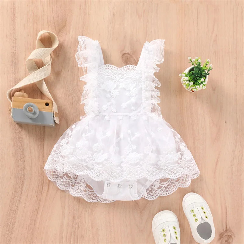 Baby Summer Romper – Newborn to 24M, Ruffle Sleeve & Lace Tutu Dress