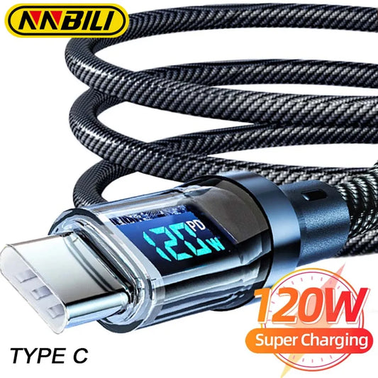 NNBILI 120W Type-C to Type-C Super Fast Charging Cable with LED Display — USB to Type-C Data Cord for Huawei, OPPO, Vivo