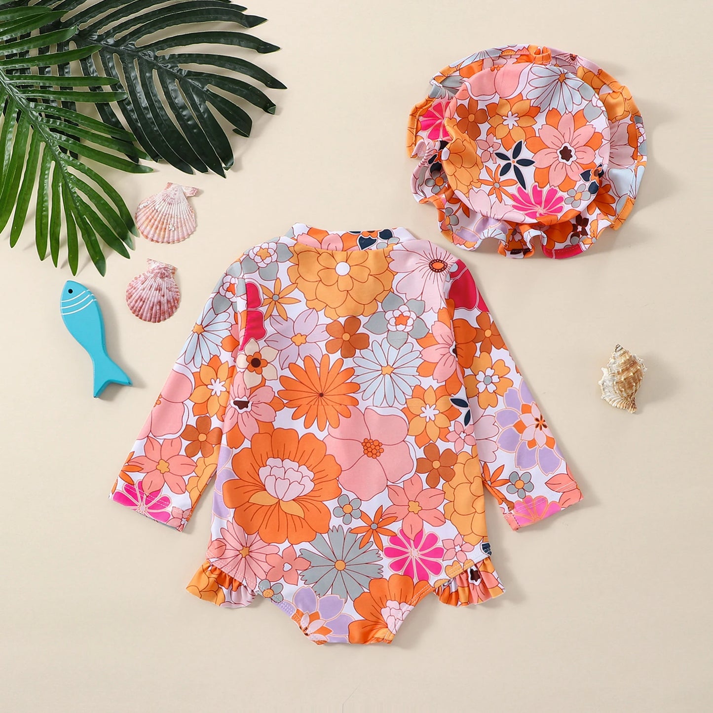 Baby Girl Swimsuit Set — 0–2Y Long Sleeve Floral/Shell Print with Hat, Spring/Summer