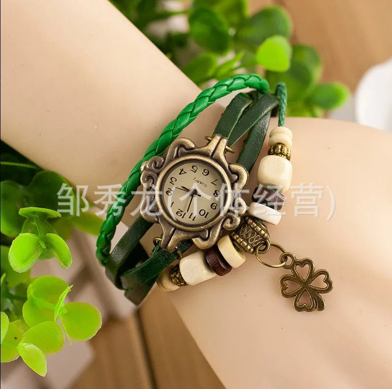 Vintage Leather Bracelet Watch – Butterfly & Clover Pendant