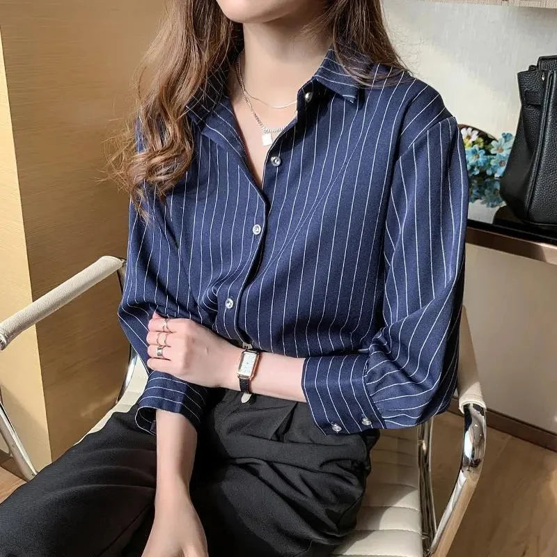 Women’s Striped Summer Shirt – Vintage Chic Loose Long Sleeve Blouse