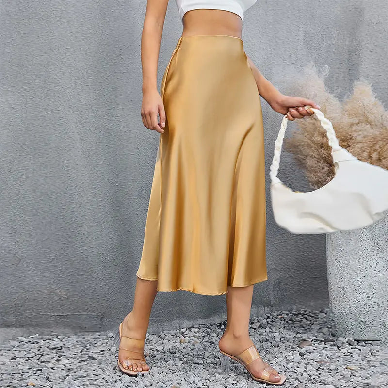 Women’s Satin A-Line Skirt – Korean Style High Waist Elegant Skirt