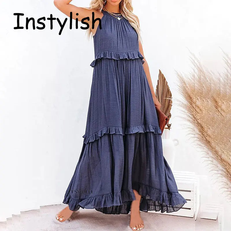 Women’s Casual Solid Ruffle Maxi Dress – Sleeveless Summer Beach Sundress, Elegant Party Vestido