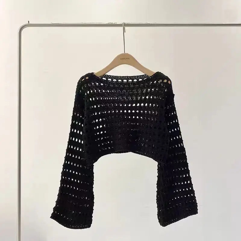 Women’s Long Sleeve Crochet Knit Top – Boho Beach Cover-Up
