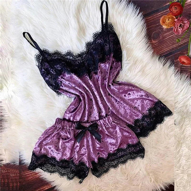 Women’s Sexy Lingerie Sleepwear – Velvet Pajama Set with V-Neck Camisole & Bow Shorts