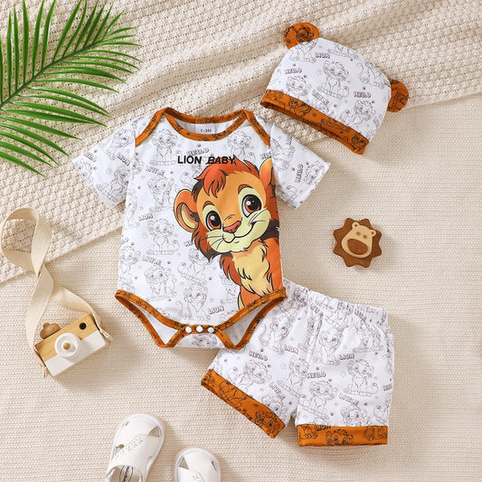 Cartoon Lion Print Top, Pants & Hat. Stylish Summer Outfit for Newborns.