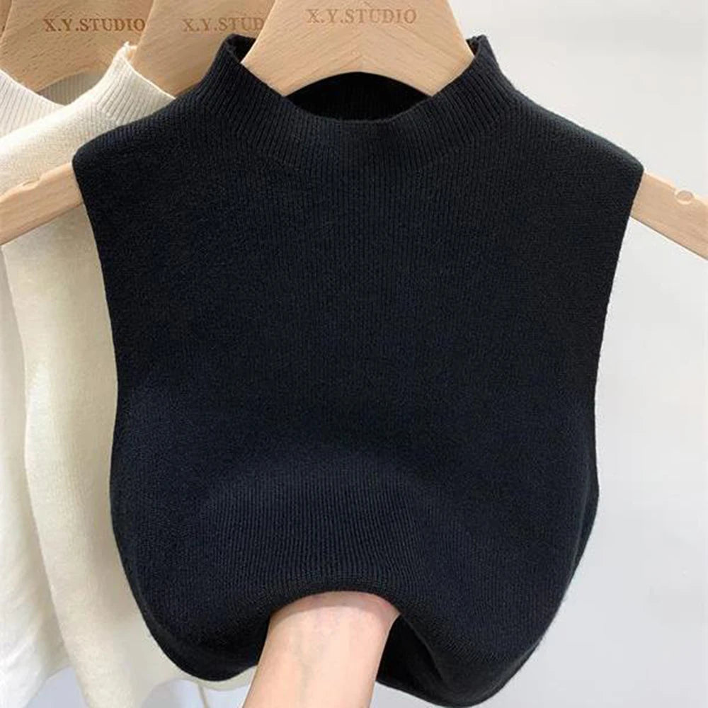 Women’s Knitted Sleeveless Tank Top – Solid Color, Cropped, Half-Turtleneck