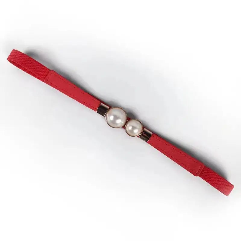 Elegant Double Pearl Buckle Elastic Belt – Thin Strap Waistband for Dresses & Skirts