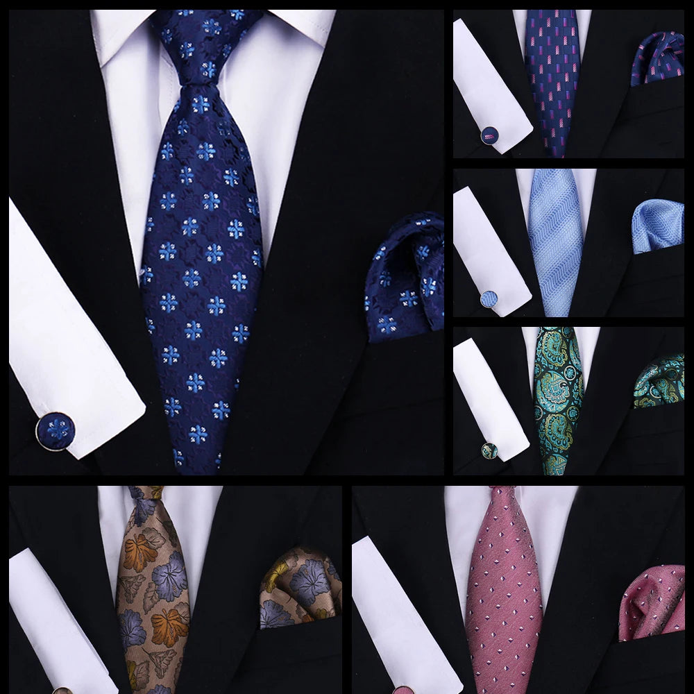 Classic Men’s Tie Set Plaid Necktie with Pocket Square & Cufflinks Business Wedding Gift Accessories