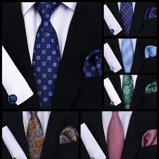 Classic Men’s Tie Set Plaid Necktie with Pocket Square & Cufflinks Business Wedding Gift Accessories